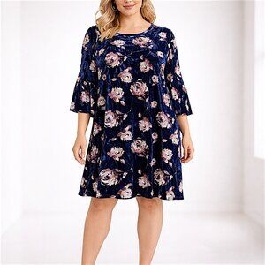 Emerald Floral Velour Stretch Dress Made in USA - Blue & Mauve color 1X & 2X NEW